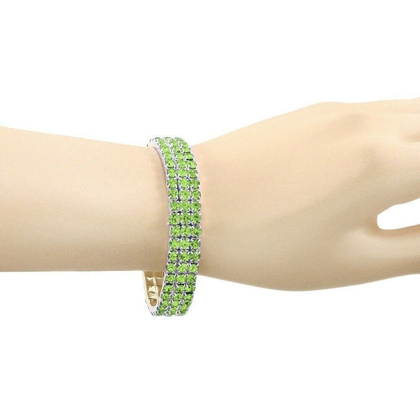 Rhinestone Bracelet Stretch Bangle 3 Row Crystal Pave Evening Event Dress LT GRN - PalmTreeSky