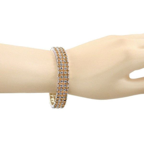 Rhinestone Bracelet Stretch Bangle 3 Row Crystal Pave Evening Event Dress TOPAZ - PalmTreeSky