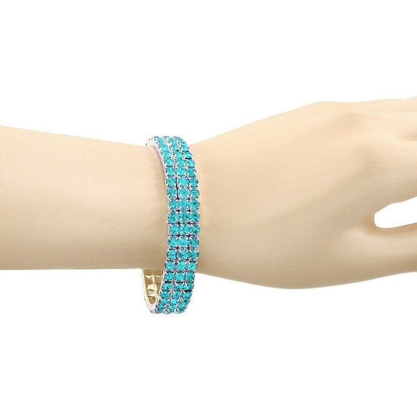 Rhinestone Bracelet Stretch Bangle 3 Row Crystal Pave Evening Event Dress AQUA - PalmTreeSky