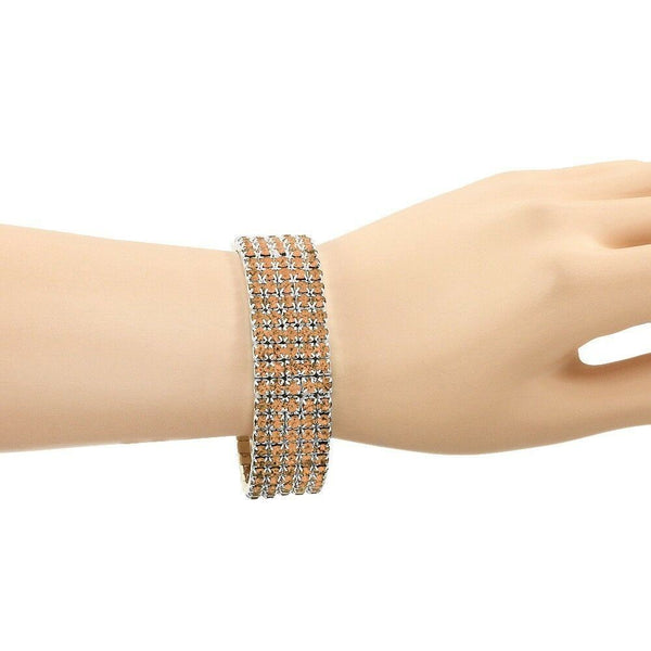 Rhinestone Bracelet Stretch Bangle 5 Row Crystal Pave Evening Event Dress TOPAZ - PalmTreeSky