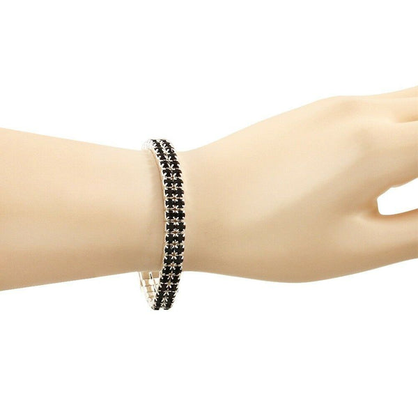 Rhinestone Bracelet Stretch Bangle 2 Row Crystal Pave Evening Event Dress BLACK - PalmTreeSky
