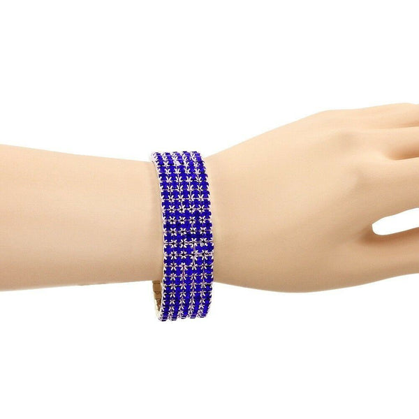Rhinestone Bracelet Stretch Bangle 5 Row Crystal Pave Evening Event Dress B BLUE - PalmTreeSky