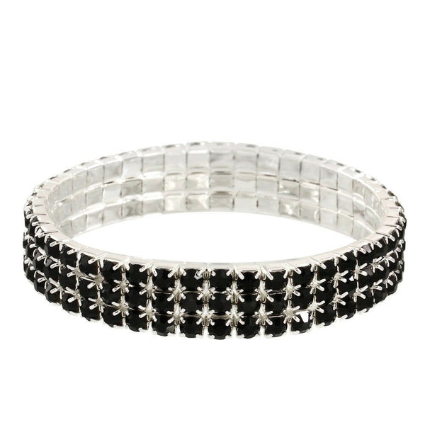Rhinestone Bracelet Stretch Bangle 3 Row Crystal Pave Evening Event Dress BLACK - PalmTreeSky