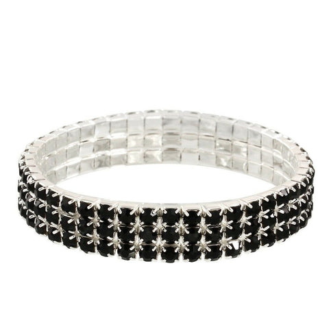 Rhinestone Bracelet Stretch Bangle 3 Row Crystal Pave Evening Event Dress BLACK - PalmTreeSky