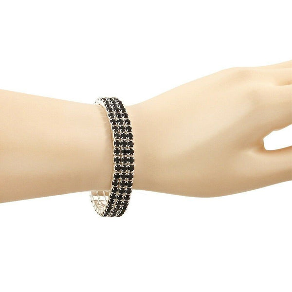 Rhinestone Bracelet Stretch Bangle 3 Row Crystal Pave Evening Event Dress BLACK - PalmTreeSky