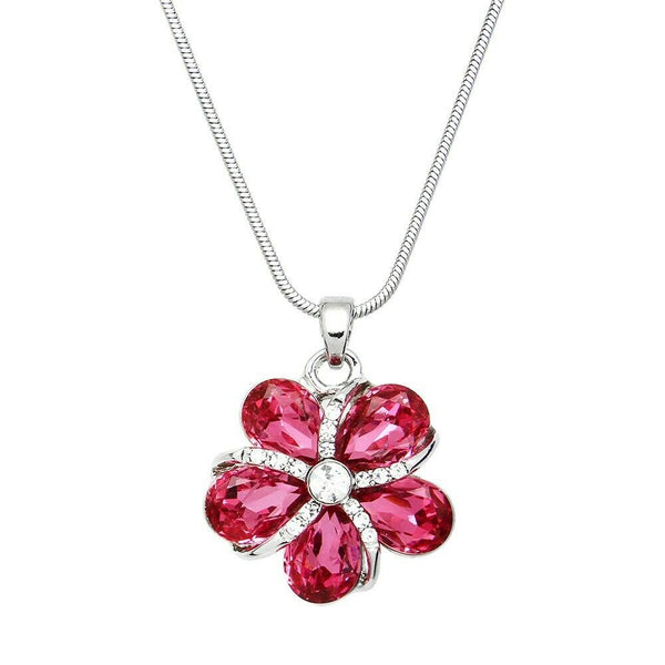 Flower Necklace 25mm Pendant Crystal Pave Rhinestone Swirl Floral SILVER PINK - PalmTreeSky