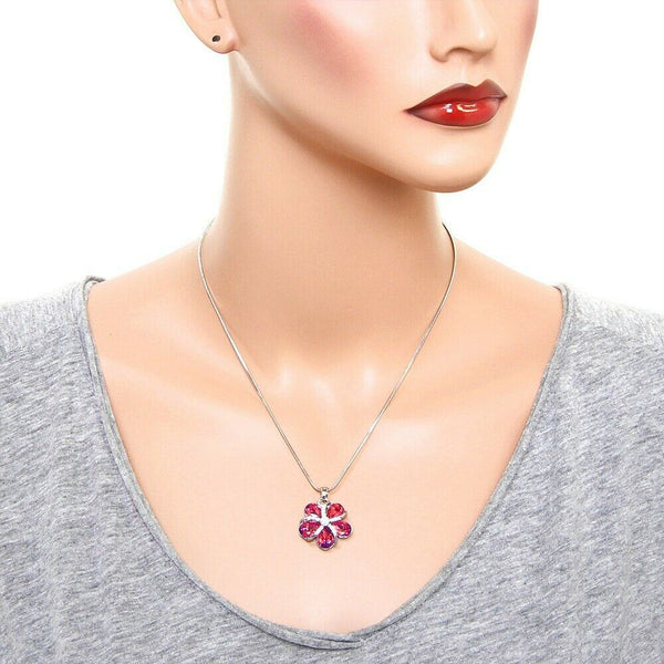 Flower Necklace 25mm Pendant Crystal Pave Rhinestone Swirl Floral SILVER PINK - PalmTreeSky