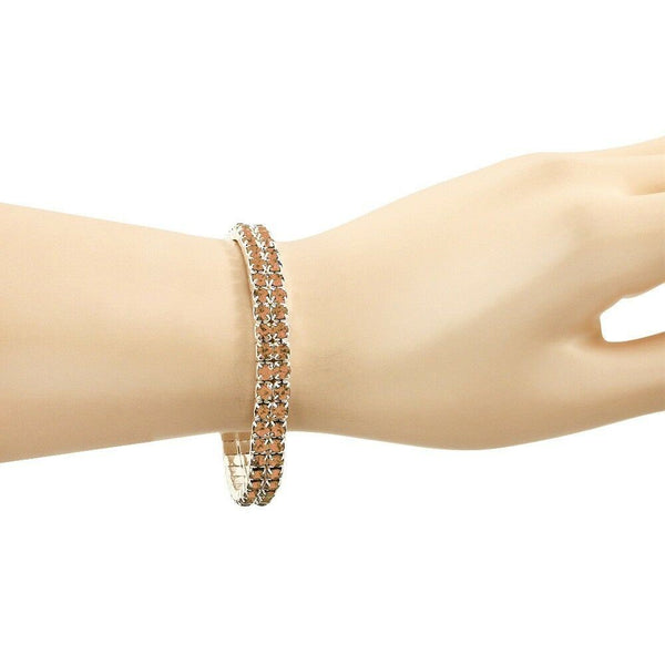 Rhinestone Bracelet Stretch Bangle 2 Row Crystal Pave Evening Event Dress TOPAZ - PalmTreeSky