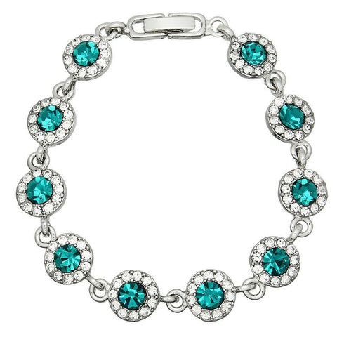 Crystal Bracelet Circle Pave Rhinestones Chain Link Clasp 7"L Teal Evening Glam - PalmTreeSky