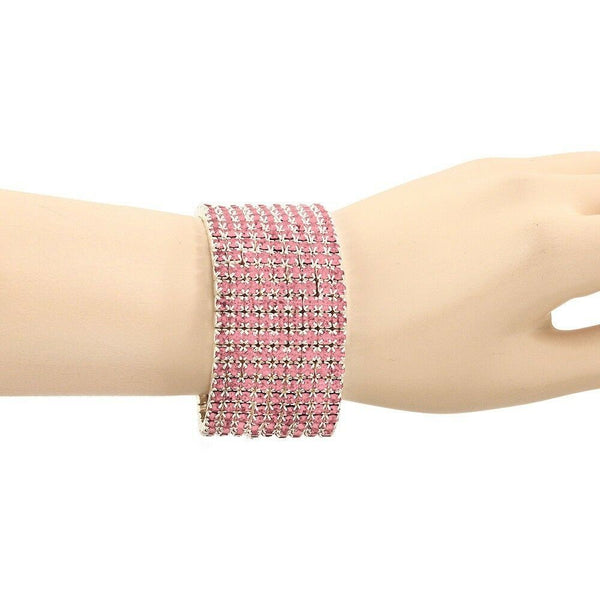 Rhinestone Bracelet Stretch Bangle 9 Row Crystal Pave Evening Event Dress PINK - PalmTreeSky