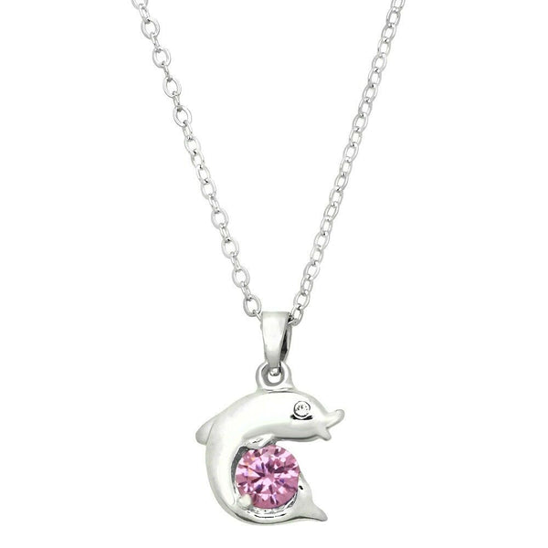 Dolphin Necklace Plain Silver Metal Pink Crystal Stone Beach Sea Life Gift - PalmTreeSky