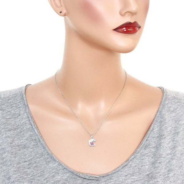 Dolphin Necklace Plain Silver Metal Pink Crystal Stone Beach Sea Life Gift - PalmTreeSky