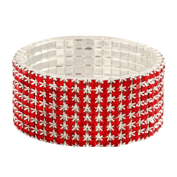 Rhinestone Bracelet Stretch Bangle 7 Row Crystal Pave Evening Event Dress RED - PalmTreeSky