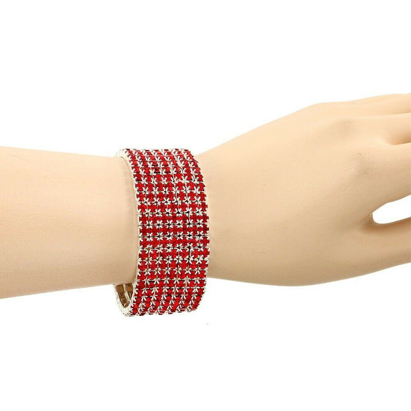 Rhinestone Bracelet Stretch Bangle 7 Row Crystal Pave Evening Event Dress RED - PalmTreeSky