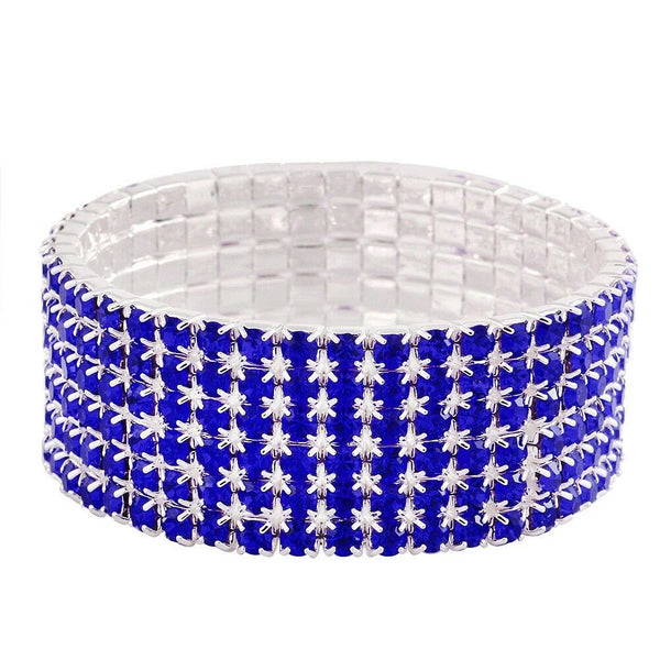 Rhinestone Bracelet Stretch Bangle 6 Row Crystal Pave Evening Event Dress B BLUE - PalmTreeSky