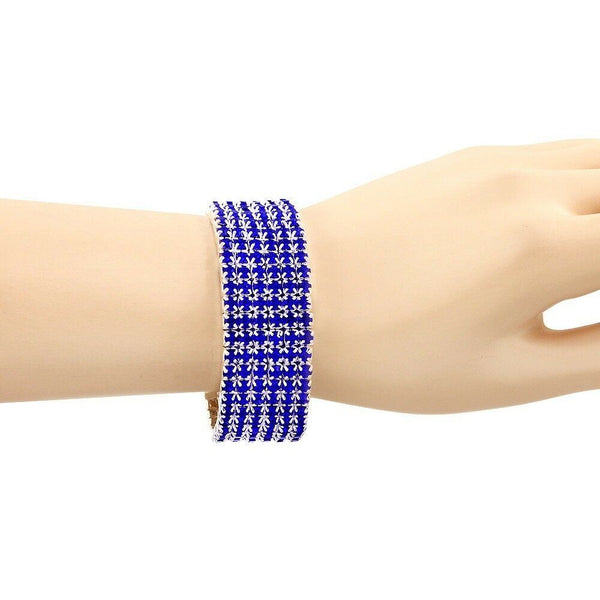 Rhinestone Bracelet Stretch Bangle 6 Row Crystal Pave Evening Event Dress B BLUE - PalmTreeSky