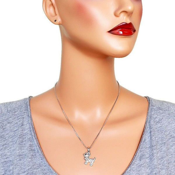 Dog Charm Necklace Pet Doggie Animal Friend Tail Crystal Rhinestones SILVER PINK - PalmTreeSky