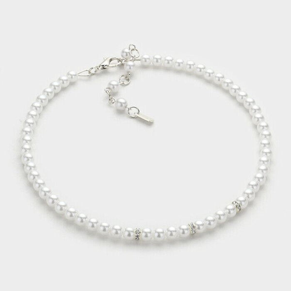 Pearl Choker Necklace Earrings SET Pave Rhinestone Bead Classic Elegant WHITE - PalmTreeSky
