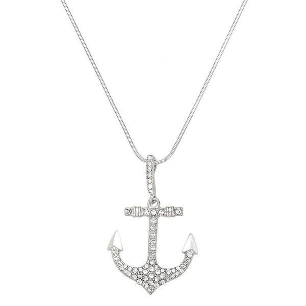 Anchor Necklace Pendant Crystal Pave Rhinestone SILVER CLEAR Ocean Nautical Boat - PalmTreeSky