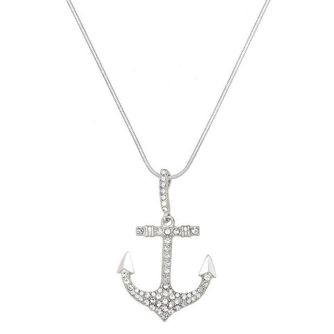 Anchor Necklace Pendant Crystal Pave Rhinestone SILVER CLEAR Ocean Nautical Boat - PalmTreeSky