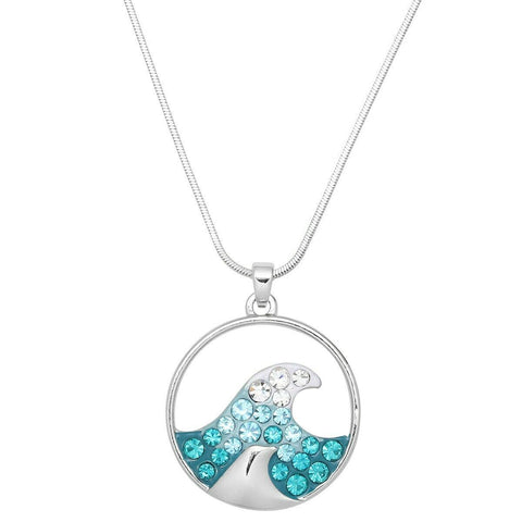 Wave Necklace Pendant Crystal Pave Rhinestone SILVER AQUA Ocean Nautical Boat - PalmTreeSky