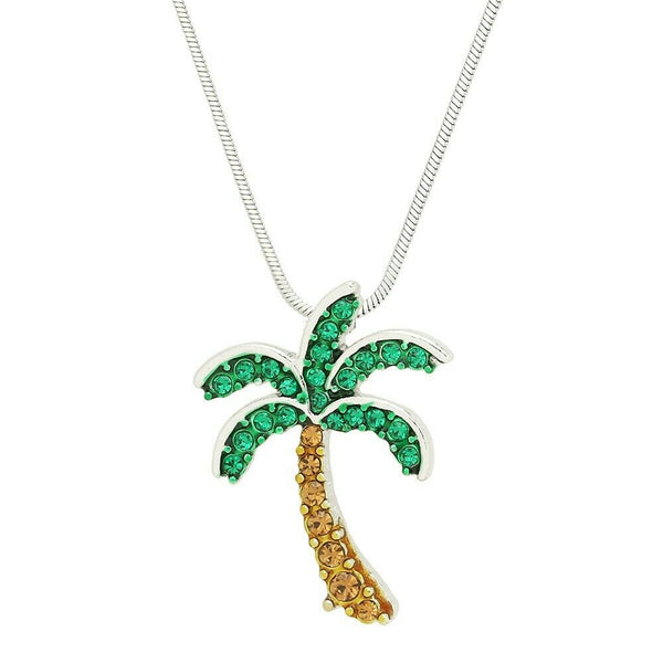 Palm Tree Necklace Pave Rhinestone Pendant 29mm Sea Tropical Leaf Beach GREEN - PalmTreeSky