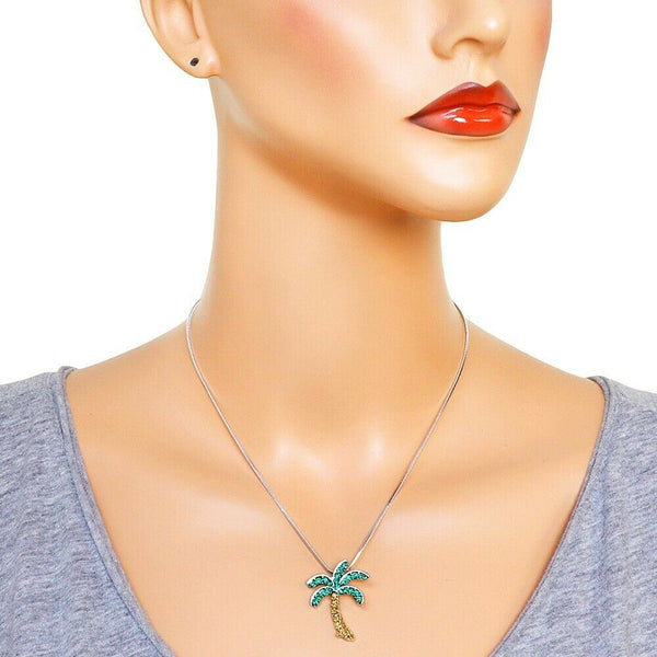 Palm Tree Necklace Pave Rhinestone Pendant 29mm Sea Tropical Leaf Beach GREEN - PalmTreeSky