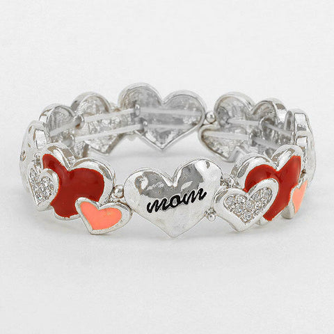 Mom Bracelet Pink Red Rhinestone Heart Valentines Day Gift Mother SILVER - PalmTreeSky