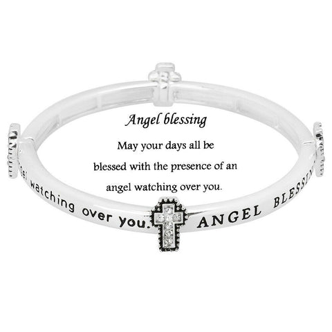 Angel Blessing Bracelet Stretch Bangle Pave Cross Prayer Friend SILVER CLEAR - PalmTreeSky