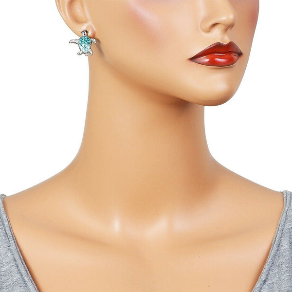 Turtle Earrings Crystal Rhinestone Stud Post SeaLife SILVER AQUA Ocean Surf Sand - PalmTreeSky