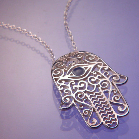 Hamsa Hand Necklace Engraved Filigree Cutout Evil Eye BLUE STERLING SILVER .925 - PalmTreeSky