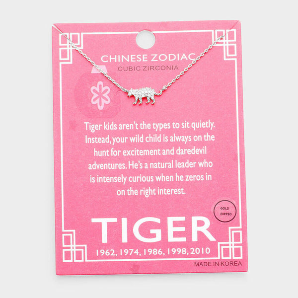 Chinese Zodiac Necklace Celestial Birth Year TIGER Tiny Pendant CZ Dipped SILVER - PalmTreeSky
