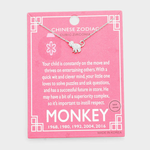 Chinese Zodiac Necklace Celestial Birth Year MONKEY Tiny Pendant CZ Dipped SLVR - PalmTreeSky