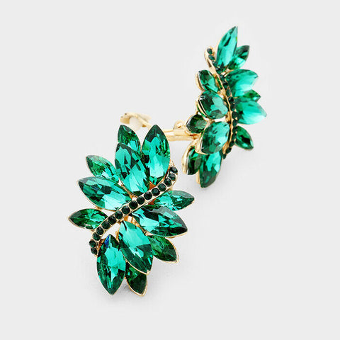 Clip On Earrings Crystal Marquise Swirl Pave Rhinestone Jewelry 1.5" Drop GREEN - PalmTreeSky