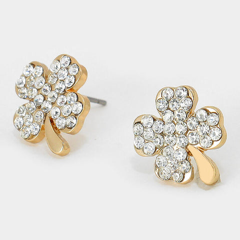 Clover Stud Earrings 4 Leaf Clover Tiny Studs .6" GOLD CLEAR Pave Crystal Irish - PalmTreeSky