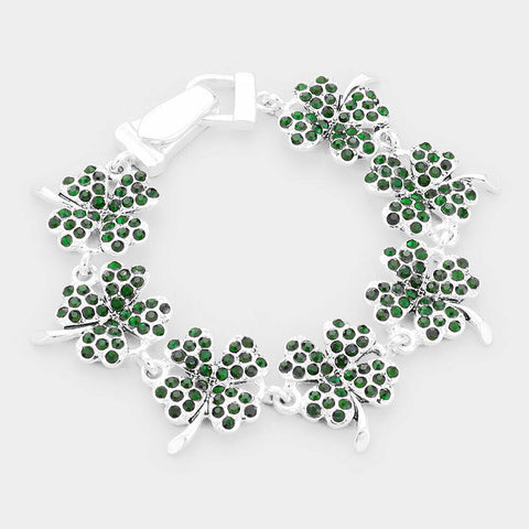 Clover Bracelet 4 Leaf Clover Crystal Magnetic Clasp Irish Luck SILVER GREEN - PalmTreeSky