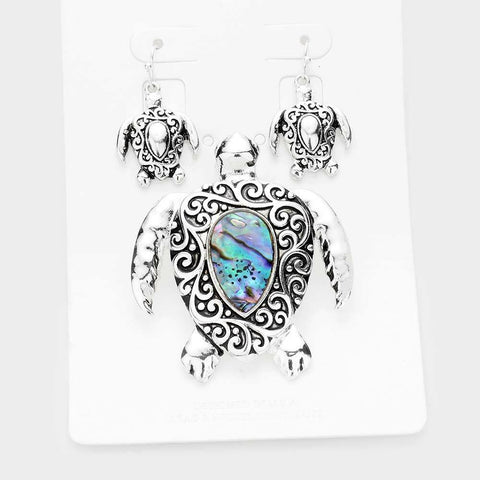 Turtle Pendant Set Necklace Earrings Abalone Shell Swirl Metal 2.25"L Sea Life - PalmTreeSky