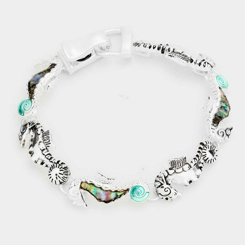 Sea Horse Bracelet Magnetic Clasp Abalone Shell Plain Metal Charm SILVER Surfer - PalmTreeSky