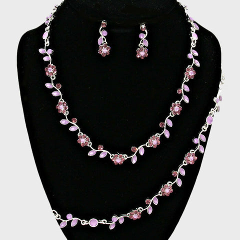 Rhinestone Necklace Flower Ivy Leaf Petal 3 piece Set Dress Evening SILVER PURP - PalmTreeSky