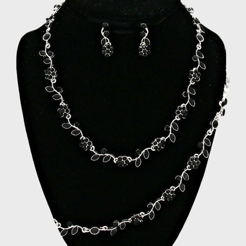Rhinestone Necklace Flower Ivy Leaf Petal 3 piece Set Dress Evening SILVER BLACK - PalmTreeSky