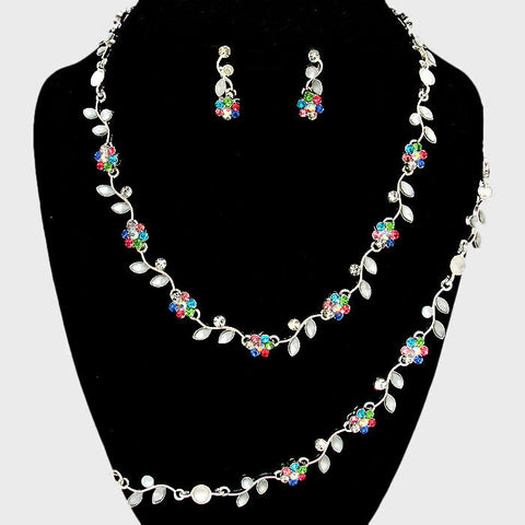 Rhinestone Necklace Flower Ivy Leaf Petal 3 piece Set Dress Evening SILVER MULTI - PalmTreeSky