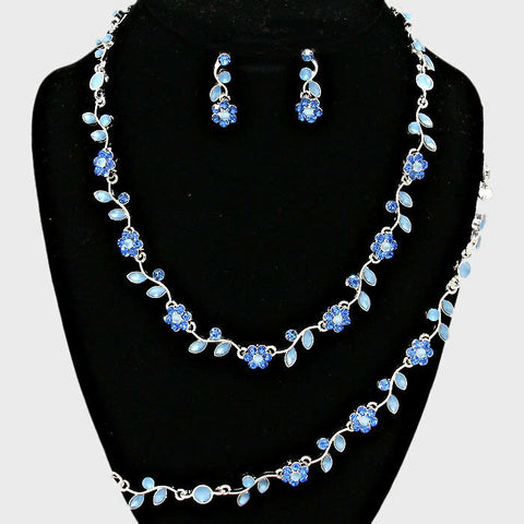 Rhinestone Necklace Flower Ivy Leaf Petal 3 piece Set Dress Evening SILVER LT BL - PalmTreeSky