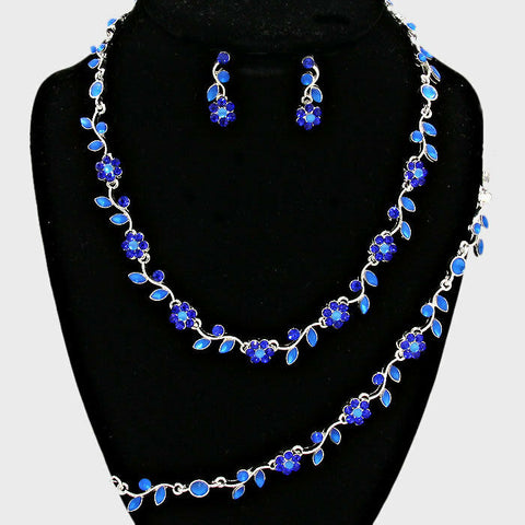 Rhinestone Necklace Flower Ivy Leaf Petal 3 piece Set Dress Evening SILVER BLUE - PalmTreeSky