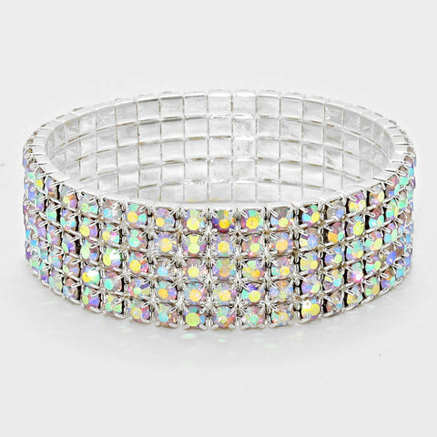 Rhinestone Bracelet 5 Row Wide Stretch Bangle Crystal Pave Wedding Bride SIL AB - PalmTreeSky
