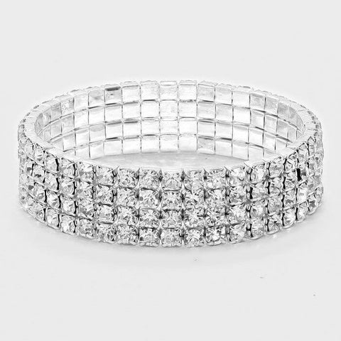 Rhinestone Bracelet 4 Row Wide Stretch Bangle Crystal Pave Wedding Bride SILVER - PalmTreeSky