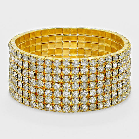 Rhinestone Bracelet 7 Row Wide Stretch Bangle Crystal Pave Wedding Bride GOLD 1" - PalmTreeSky
