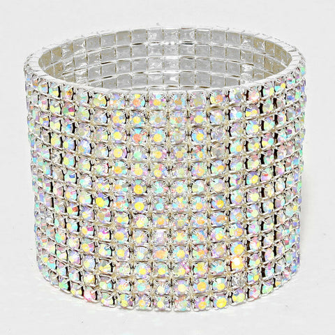 Rhinestone Bracelet 13 Row Wide Stretch Bangle Crystal Pave Wedding Bride SIL AB - PalmTreeSky