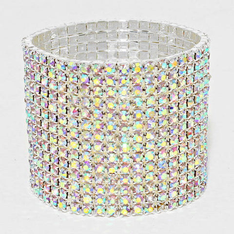 Rhinestone Bracelet 14 Row Wide Stretch Bangle Crystal Pave Wedding Bride SIL AB - PalmTreeSky