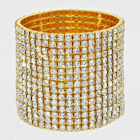 Rhinestone Bracelet 15 Row Wide Stretch Bangle Crystal Pave Wedding Bride GOLD - PalmTreeSky