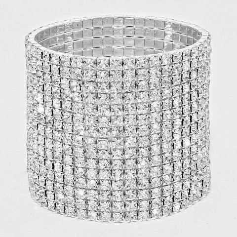 Rhinestone Bracelet 15 Row Wide Stretch Bangle Crystal Pave Wedding Bride SILVER - PalmTreeSky
